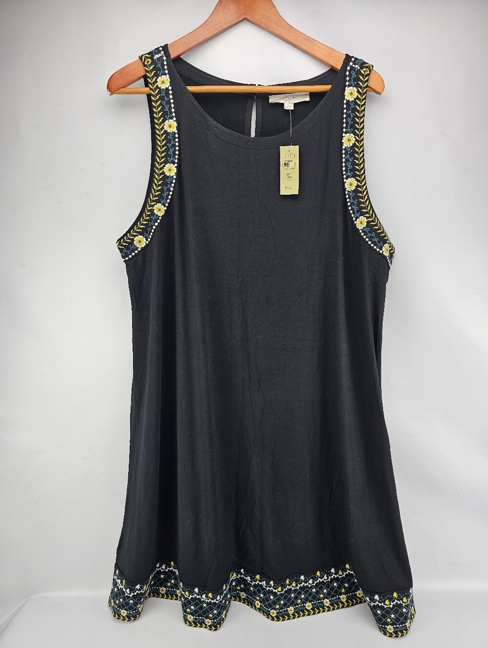 LOFT Black Sleeveless Embroidered Yellow and Blue Floral Swing Dress XXLPetite